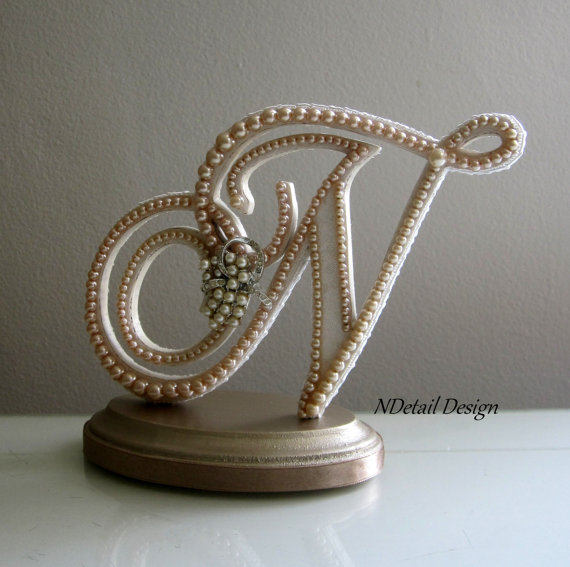 Свадьба - Wedding Cake Topper Custom Monogram Letter N Custom Vintage Ivory Pearl and Rhinestone Brooch for Rustic or Shabby Chic Bridal or Shower
