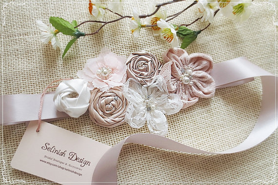 زفاف - Wedding Vintage Satin Rosette Flower Sash Belt- Ivory Sash, Champagne Bridal Sash, Beaded Wedding Sash, Bridal Accessories by Selinish