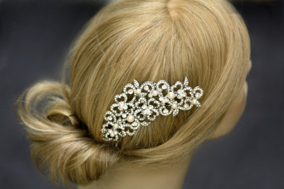 Hochzeit - 6 inches long Veil Comb, Bridal comb, Crystal, Wedding Accessory, Bridal hair comb,leaves, Greek, Tiara, Swarovski, Ivory pearls