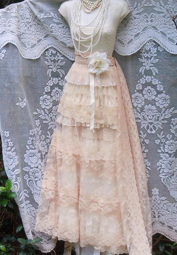 زفاف - Cream wedding dress  lace tulle tiered nude  flapper boho  vintage  bride outdoor  romantic small by vintage opulence on Etsy