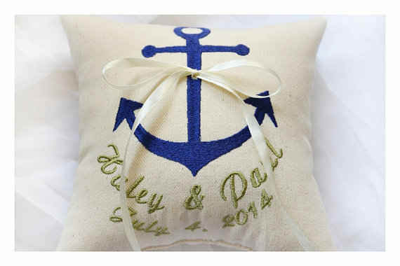 Mariage - Nautical Embroidered Wedding ring pillow , anchor wedding pillow ,personalized  ring pillow, ring bearer pillow with Custom embroidery (R93)
