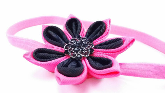 زفاف - Girls ribbon flower headband - hot pink and black kanzashi flower hair band for girls swarovski crystal