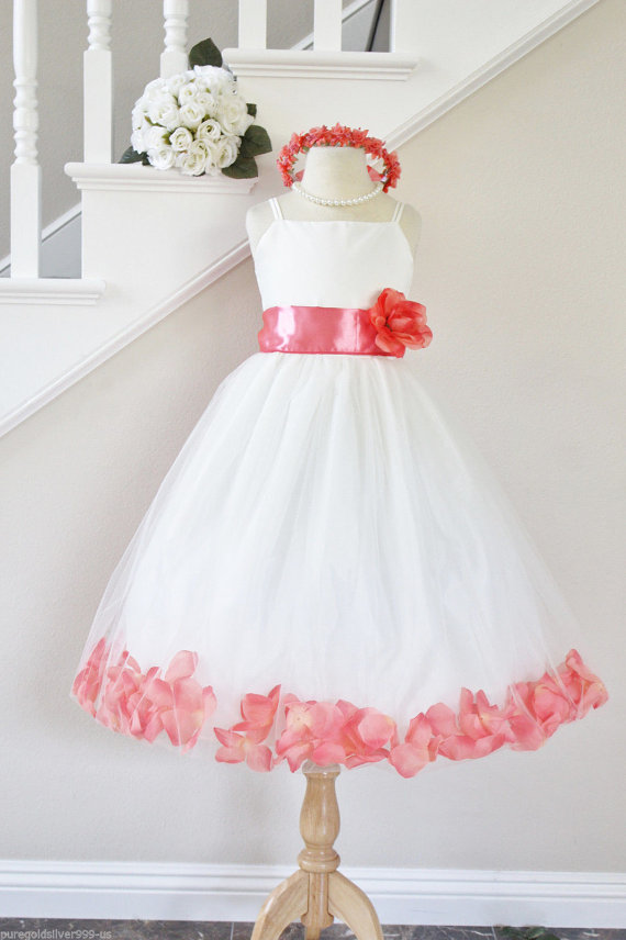 Wedding - CORAL GUAVA Flower Girl Dresses Petal. IVORY Custom Color Spaghetti Strap. Wedding Easter Bridesmaid. For Baby Children Toddler Teen Girls