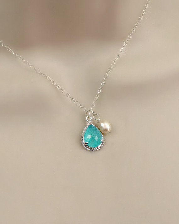 زفاف - Dainty Aquamarine Silver Pendant Necklace, Freshwater Pearl Charm, Simple Necklace, Bridesmaid Necklace, Wedding Jewelry, Bridal Jewelry