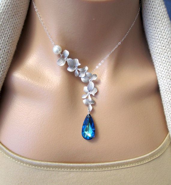 Wedding - Silver Orchids Pearl and Bermuda Blue Swarovski Crystal Necklace - Mother's Day Gift, Bridal, Everyday Jewelry, Bridesmaid Gift, Statement