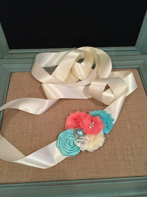 Mariage - FLOWER GIRL sash , bridal sash , wedding sash , maternity sash (((aqua & coral ))) wedding , sash , bride , flower girl