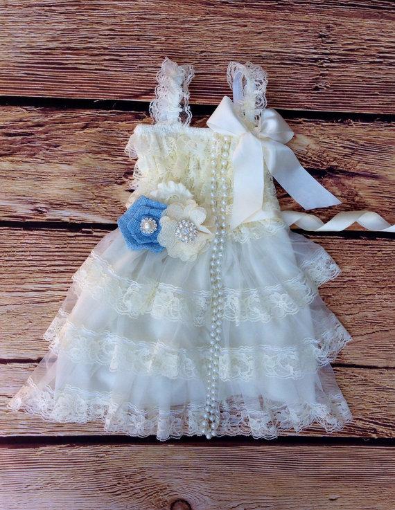 Mariage - Ivory Cream Blue Lace BurlapToddler Baby Girl Dress, Burlap Flower, Ivory Cream Flower Girl Dress, Rustic Wedding, Vintage Dress