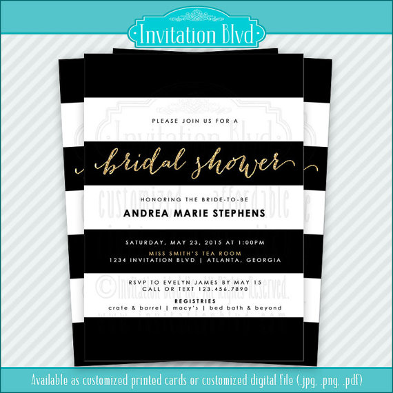 Mariage - Bridal Shower Invitation - Striped Bridal Shower Invitation - Black White Stripes Invitation - Black White Gold Bridal Shower Invitation