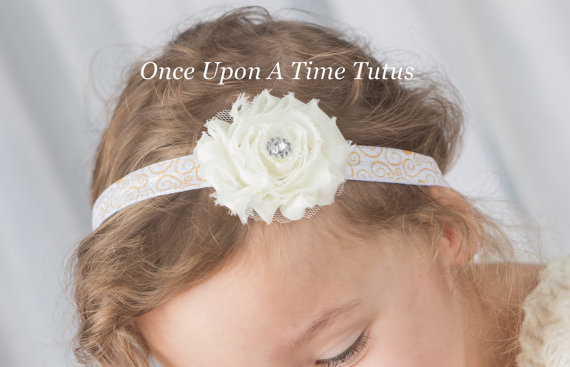 Hochzeit - Ivory and Gold Shabby Flower Swirl Headband - Newborn Baby Hairbow - Little Girls Holiday Hair Bow - Autumn, Fall, or Winter Photo Prop