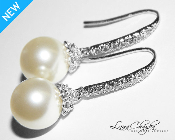 زفاف - Wedding Cream Ivory Pearl Earrings, Swarovski Pearls, Sterling Silver Cubic Zirconia Pearl Earrings, Ivory Pearl Dangle Bridal Earrings