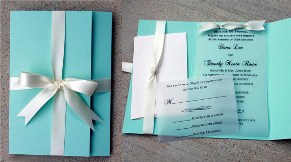 Hochzeit - Blue Wedding Invitation, Blue with White Ribbon, Turquoise and white wedding, Blue & White Invitation, Vellum Wedding Invitation, turqouise