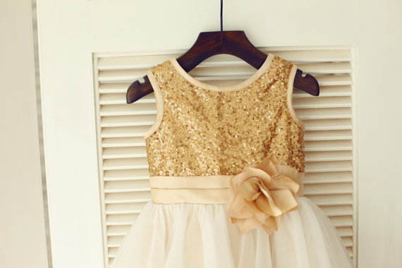 زفاف - Gold Sequin IvoryTulle Flower Girl Dress Flower Belt Children Toddler Party Dress for Wedding Junior Bridesmaid Dress