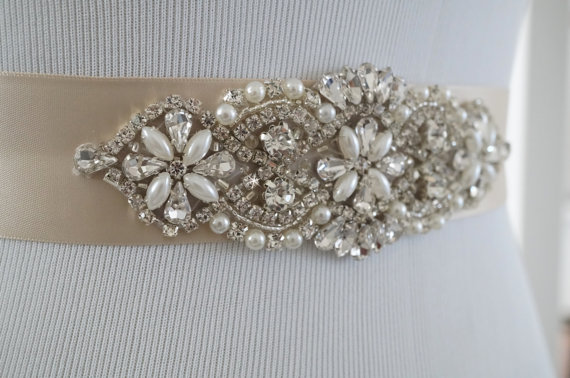 زفاف - Wedding Belt, Bridal Belt, Sash Belt, Crystal Rhinestone & Off White Pearls - Style 143