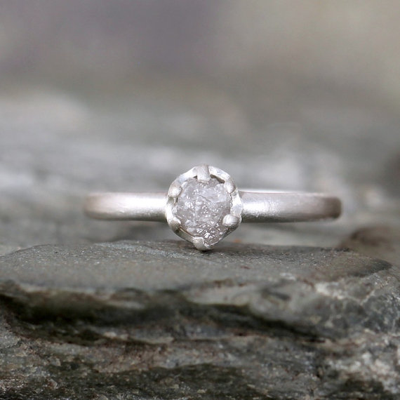 Mariage - Raw Diamond Engagement Ring - Conflict Free - Sterling Silver Matte Texture -  Stacking Ring- Raw Gemstone - April Birthstone - Promise Ring