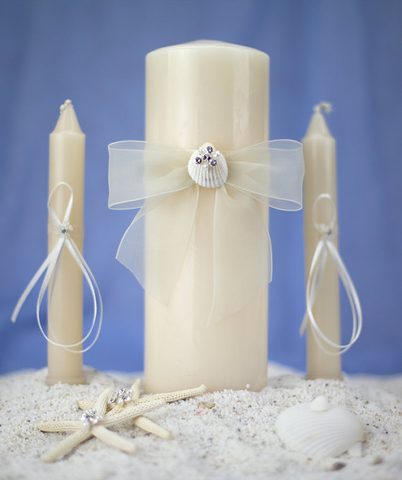 Wedding - Rhinestone Shell Hawaiian Beach Wedding Unity Candle Set -  35105