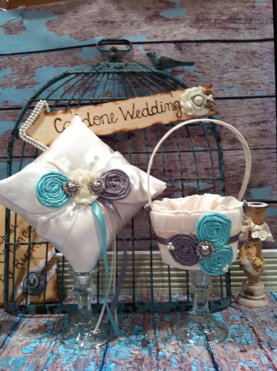 Hochzeit - YOU DESIGN / Flower girl basket / ring bearer pillow  / AQUA and Grey