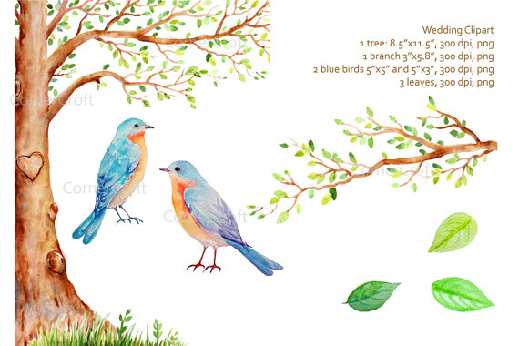 زفاف - Wedding clipart - Hand painted watercolor tree with heart ,branch,  2 blue birds  printable instant download  for  wedding invitations