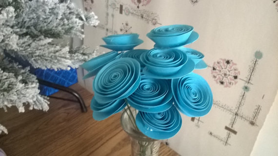 Hochzeit - Aqua Blue Flower bouquet 12 Aquamarine roses rolled paper art Bridal floral arrangement Valentines Gift  girlfriend wife Pinterest Favorite