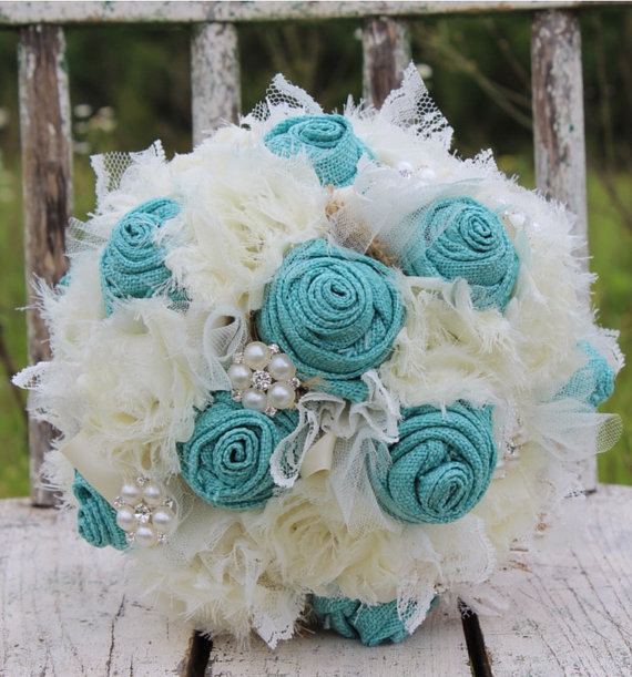 Mariage - Tifffany blue burlap and lace bridal bouquet with shabby frayed roses, lace, tulle, rhinestones and pearls shabby chic wedding  