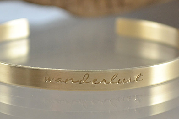 Hochzeit - Personalized Bracelet - Personalized Bridesmaids Gifts - Gold Stacking Cuff - Wanderlust Jewelry - Pink Lemon Design