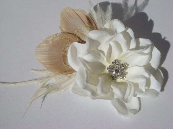 Mariage - Peacock Wedding Hair Piece - Ivory Flower with Ivory Peacock Feather Ostrich Feather rhinestone / flower hair clip champagne