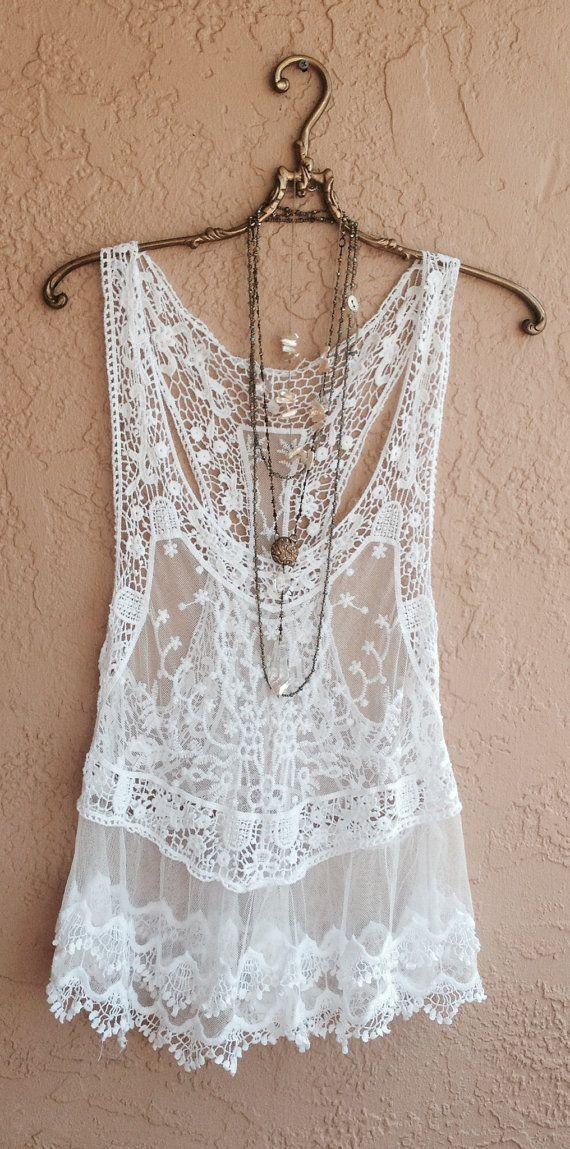 Wedding - Bohemian Lace And Crochet Tunic Vest With Sheer Embroidered Floral Design Beach Day