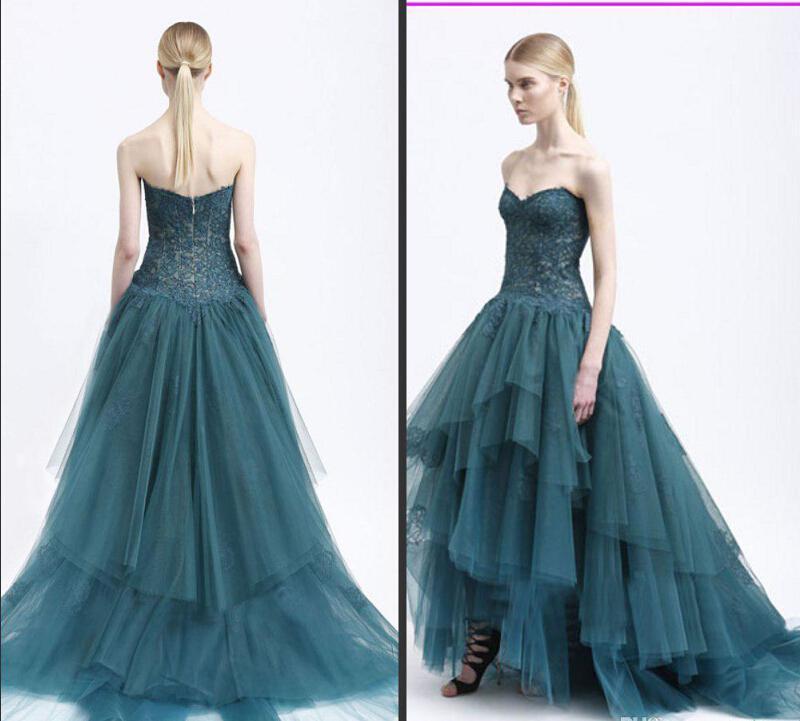 Mariage - Monique Lhuillier 2015 Evening Dresses Ball Gown Sweetheart Lace Tiers Cheap Sweep Train Tulle Celebrity Gowns High Low Party Dress Online with $123.72/Piece on Hjklp88's Store 