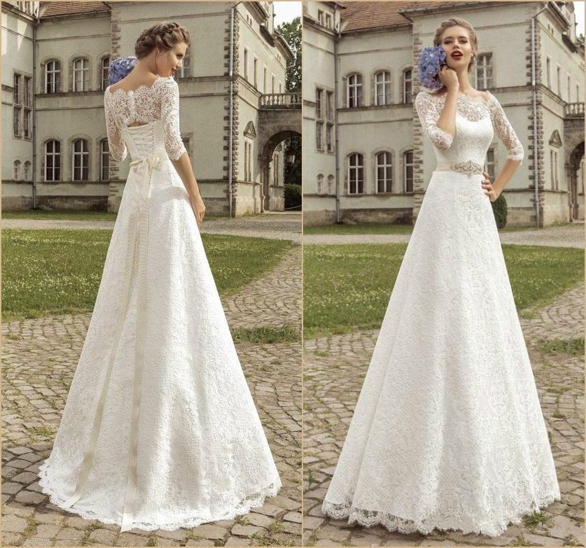 Hochzeit - Amzing Bateau Half Sleeve Wedding Dresses 2015 Illusion Sweep Cheap Lace Open Back Sheer Vintage Bridal Ball Gowns Beaded Sash Sheer Online with $129.05/Piece on Hjklp88's Store 