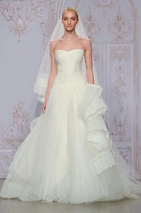 Wedding - 2015 New Designer A-line Wedding Dresses Monique Lhuillier Ruched Draped Lace Appliqued Tulle Strapless Sleeveless Corset Bridal Ball Gowns Online with $129.94/Piece on Hjklp88's Store 