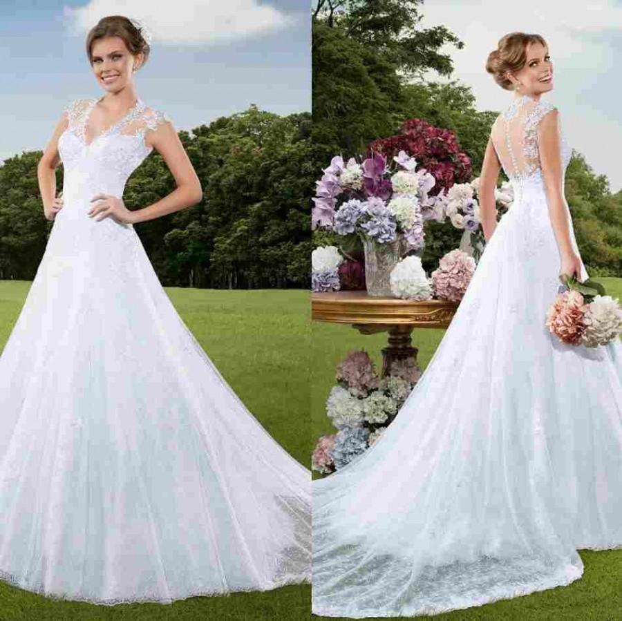 Mariage - 2015 Gorgeous White Lace A-Line Wedding Dresses V-Neck Vestidos De Novia Beads Applique Sheer Chapel Cut Backless Bridal Ball Gowns Ruched Online with $128.17/Piece on Hjklp88's Store 