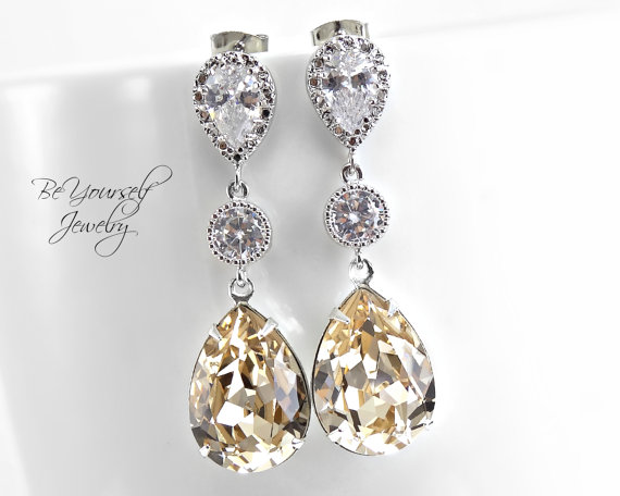 Hochzeit - Champagne Bridal Earrings Swarovski Crystal Light Silk Teardrop Earrings Sterling Silver Posts Pastel Colors Bridesmaid Gift Wedding Jewelry