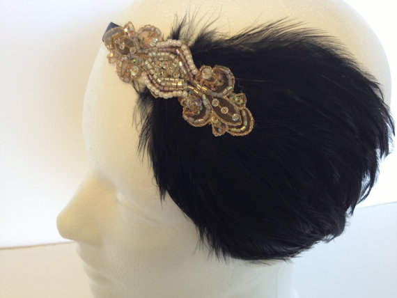 زفاف - GATSBY HEADPIECE  for Great Gatsby Dress Black OR Beige Feather 1920s headband for 1920s dress
