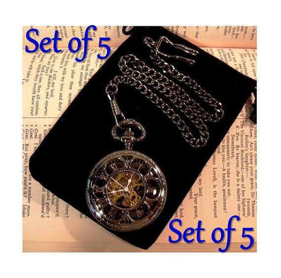 Свадьба - Set of 5 Pocket Watches with Chains Engravable Gunmetal Black Personalised Groomsmen Gift Wedding Pocket Watch