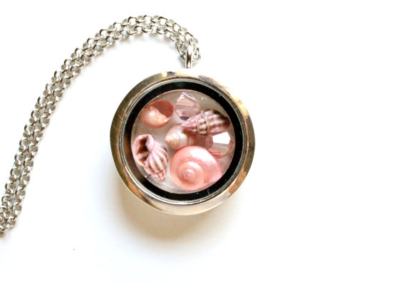 زفاف - Glass Locket Necklace Pink Sea Shells Beach Jewelry, Terrarium Necklace, Real Seashells, Crystal Beads, Antiqued Silver Chain