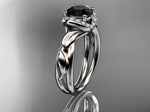 زفاف - Platinum diamond leaf andvine  wedding ring,engagement ring with black diamond center stone.ADLR289