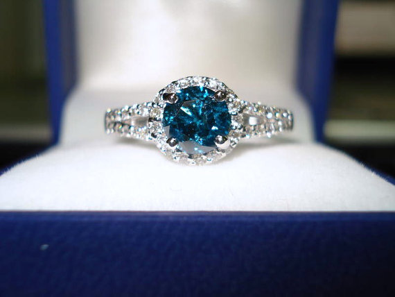 Mariage - Vivid Blue Diamond Engagement Ring 1.55 Carat 14K White Gold Halo Certified Handmade