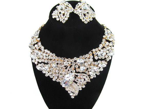 Hochzeit - Gold Rhinestone Crystal Bridal Statement Necklace, Gold Crystal Wedding Necklace, Gold Rhinestone Evening Necklace