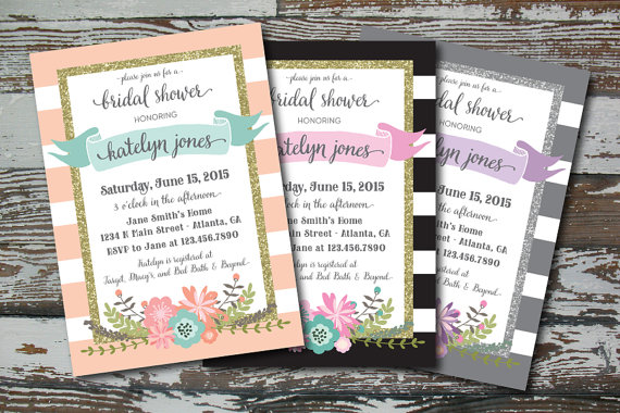 زفاف - Stripes, Glitter and Flowers Wedding Shower Invitation - Custom PRINTABLE