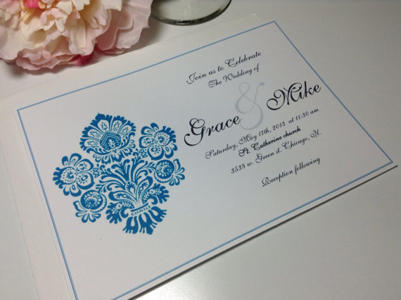 Hochzeit - 100 Wedding Invitations, invites Traditional Blue damask Invites