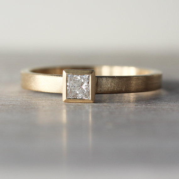 Wedding - 3mm Simple Square Princess Cut Diamond or Moissanite Low Profile Solitaire Engagement Ring - ethical, conflict-free, eco-friendly, recycled