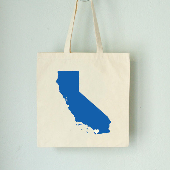 Свадьба - SALE CALIFORNIA LOVE Tote - San Diego royal blue state silhouette with heart on natural bag