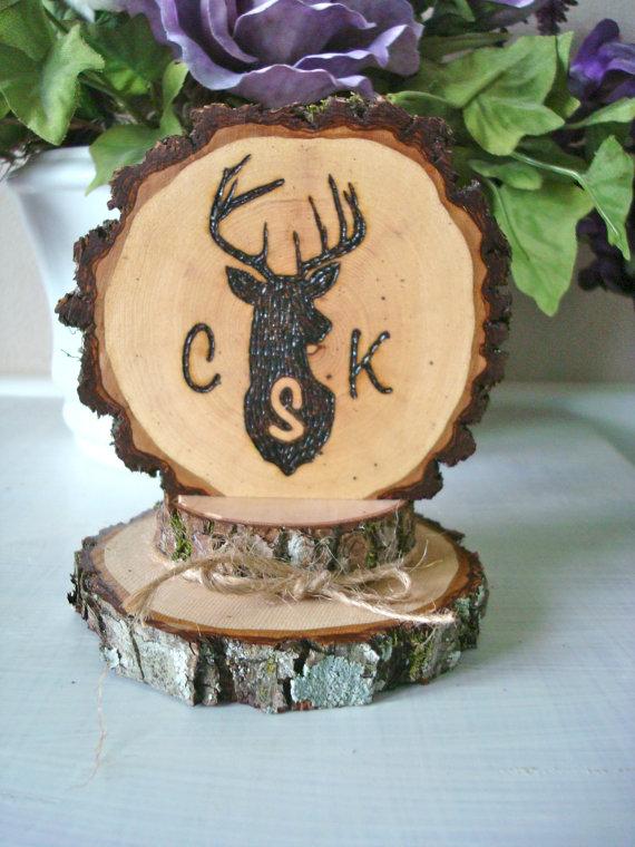 Mariage - Rustic Wedding Cake Topper Deer Monogram Customized Wood Burned Country
