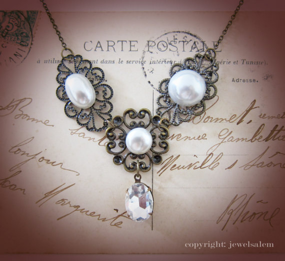 زفاف - White Pearl Necklace with Rhinestone Bridal Jewelry Necklace for Bride Modern Victorian Romantic Shabby Chic Bridesmaid Necklace Gift SB