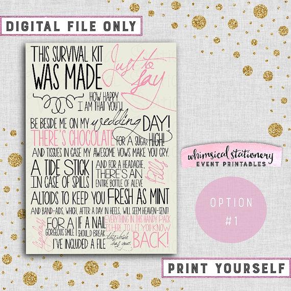 Wedding - Wedding Day Survival Kit Card (Printable File Only) Coordinate to Your Wedding Colors Bachelorette Party Kit Bridesmaid Aspirin Mints
