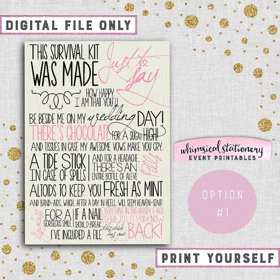 زفاف - Wedding Day Survival Kit Card (Printable File Only) Coordinate to Your Wedding Colors Bachelorette Party Kit Bridesmaid Aspirin Mints