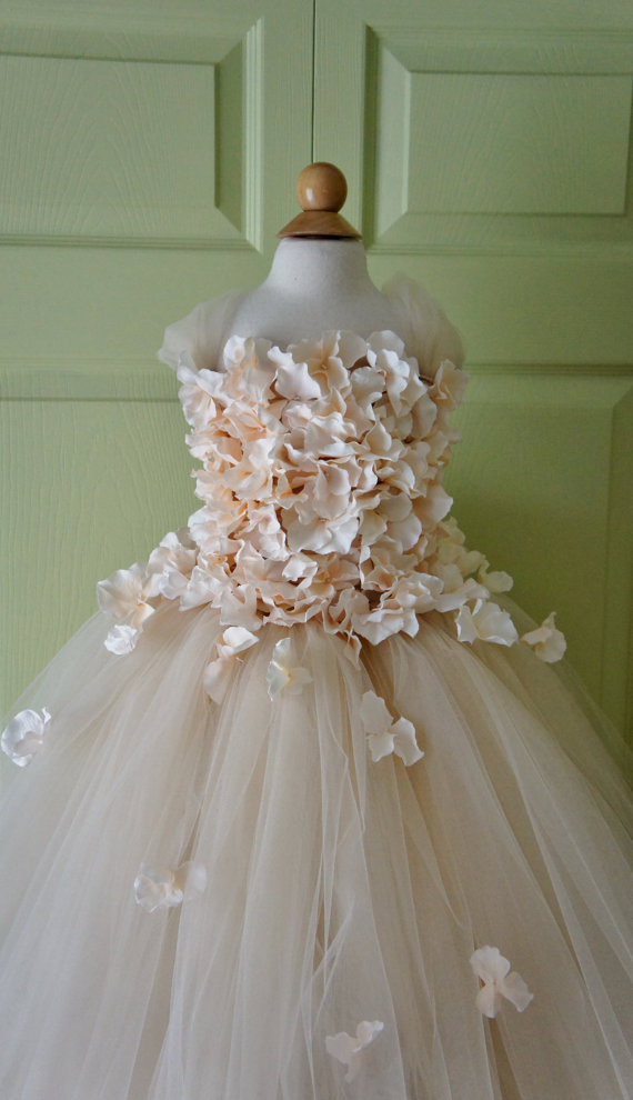 Hochzeit - Flower girl dress Champagne Dress Champagne tutu dress, flower top, hydrangea top, toddler tutu dress Cascading flowers