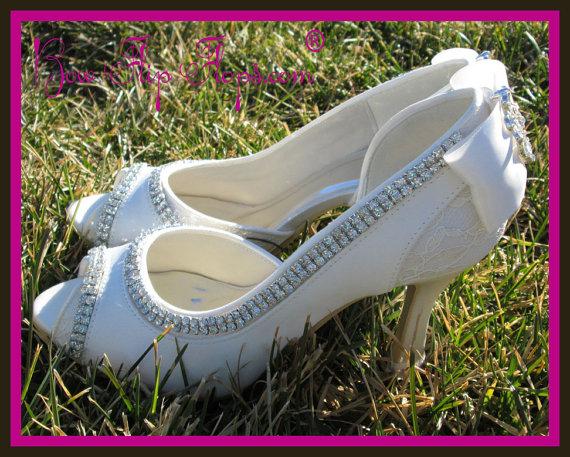 Свадьба - Ivory Wedding Heels Bridal Shoes 3.5 inch Peep Toe Satin Vintage Lace Bow Rhinestone Bling Custom Pumps I DO Design your colors Bride Gift