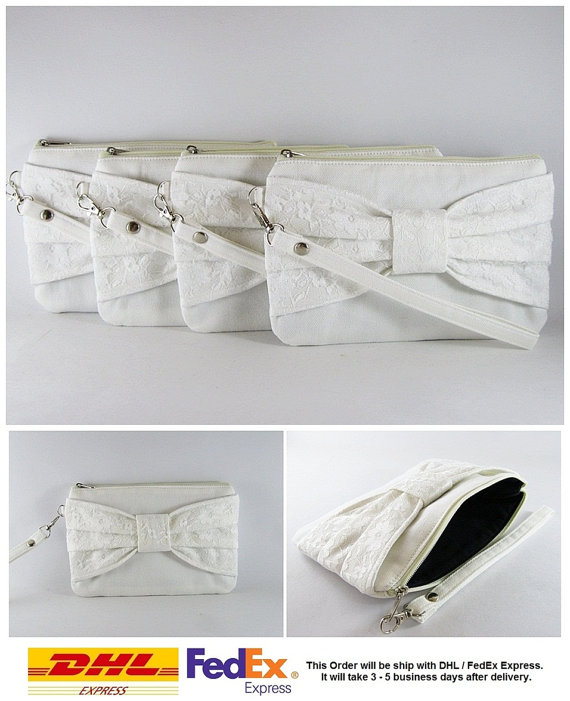 زفاف - SUPER SALE - Set of 6 Ivory Lace Bow Clutches -Bridal Clutch,Bridesmaid Clutch,Bridesmaid Wristlet,Wedding Gift,Zipper Pouch - Made To Order