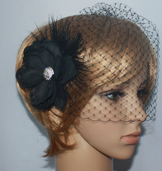 Свадьба - Bridal Birdcage veil Blusher and Detachable  Fascinator  (2 items) Wedding Reception - Evelyn - Black