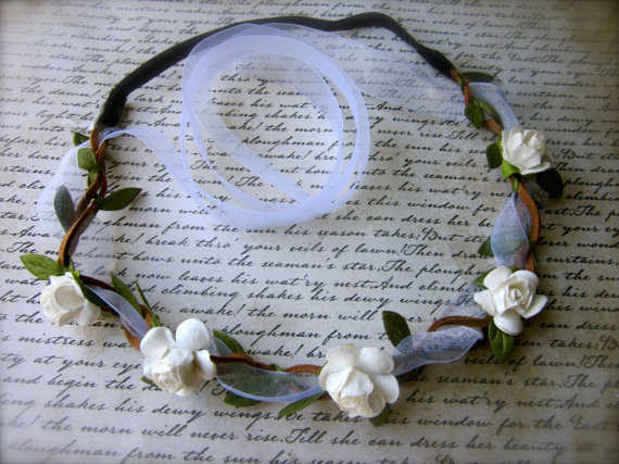 Hochzeit - White Wedding Floral Headband and Sheer Ribbon- Flower Girls, Floral Headbands , Wedding Headbands , Renaissance Headbands